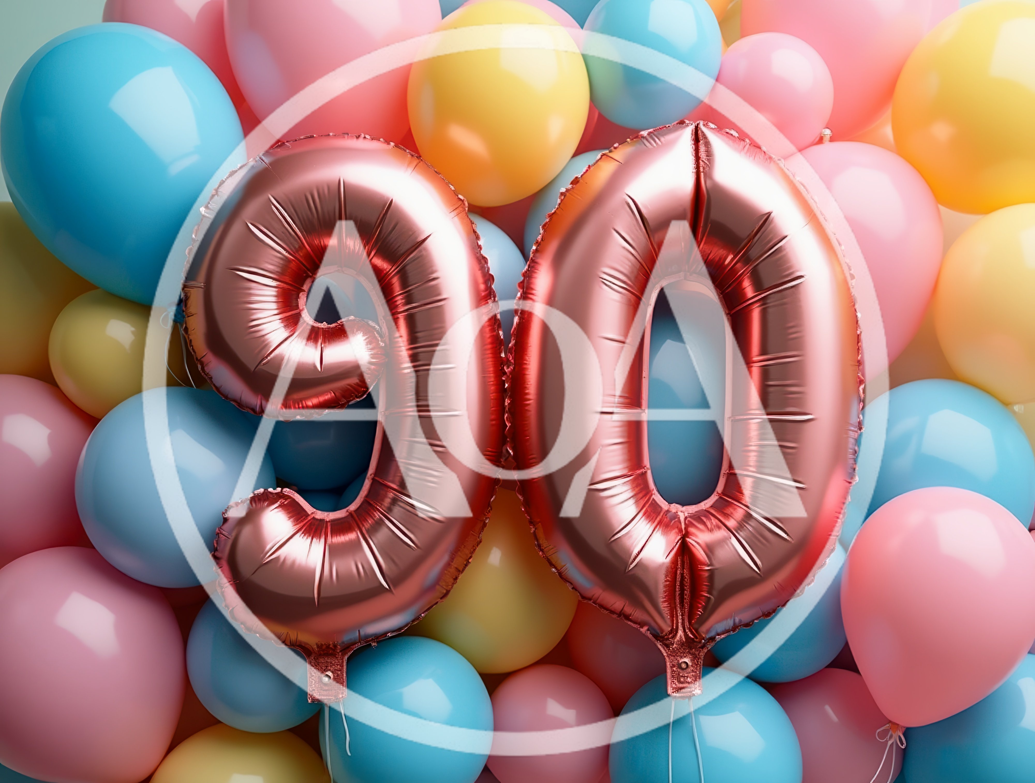 Rose Gold Number 90 Balloons Against Colorful Background
