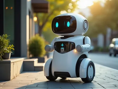 Small White Autonomous Service Robot On City Sidewalk