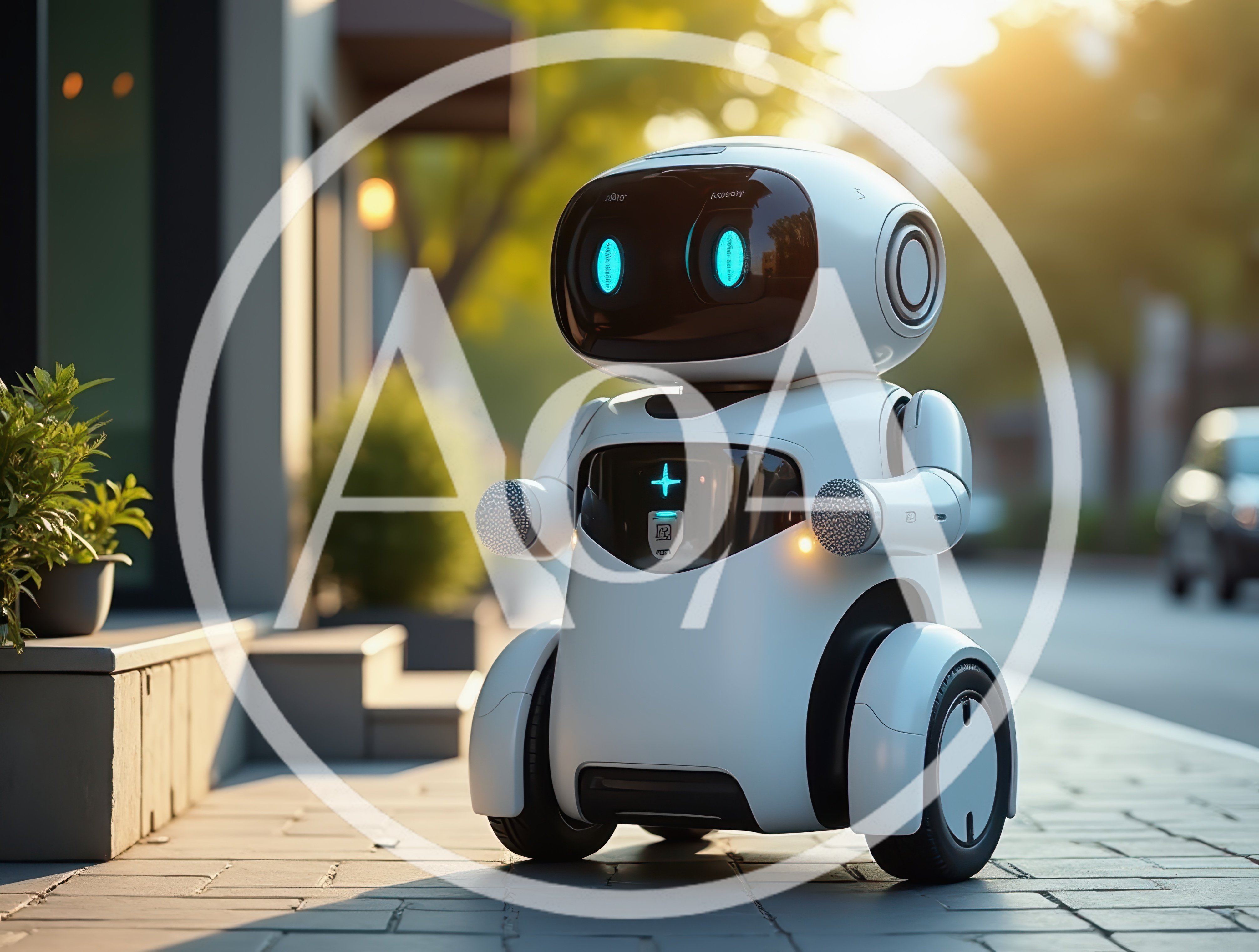Small White Autonomous Service Robot On City Sidewalk