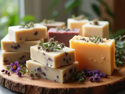 Handmade Natural Soap Bars On Wooden Board
