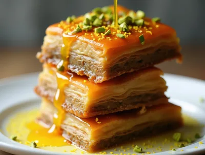 Stack Of Honey Drenched Baklava With Pistachios