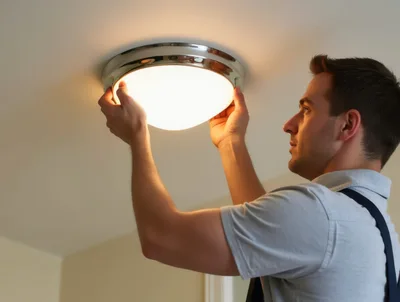 Electrician Installing A Ceiling Light Fixture