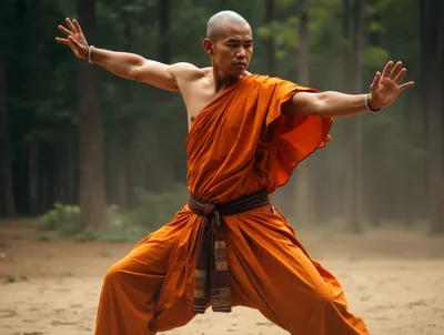 Shaolin Monk Practicing Martial Arts In A Forest