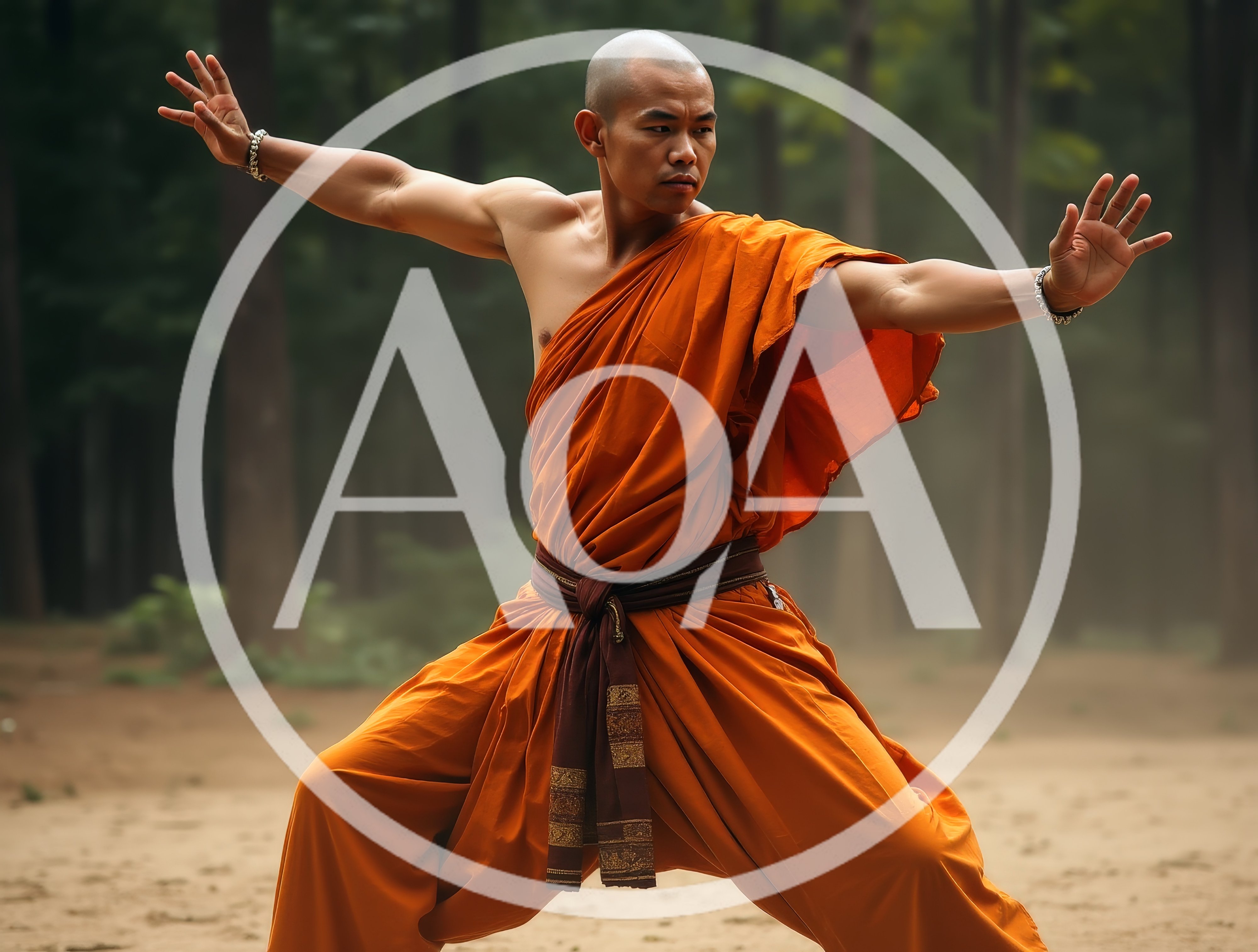 Shaolin Monk Practicing Martial Arts In A Forest