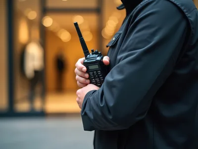 Security Guard Holding A Two Way Radio
