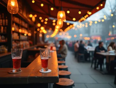 Two Glasses Of Red Beer On A Bar Counter