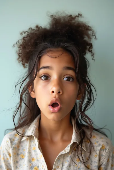 Surprised Young Girl With Curly Hair Looking At Camera