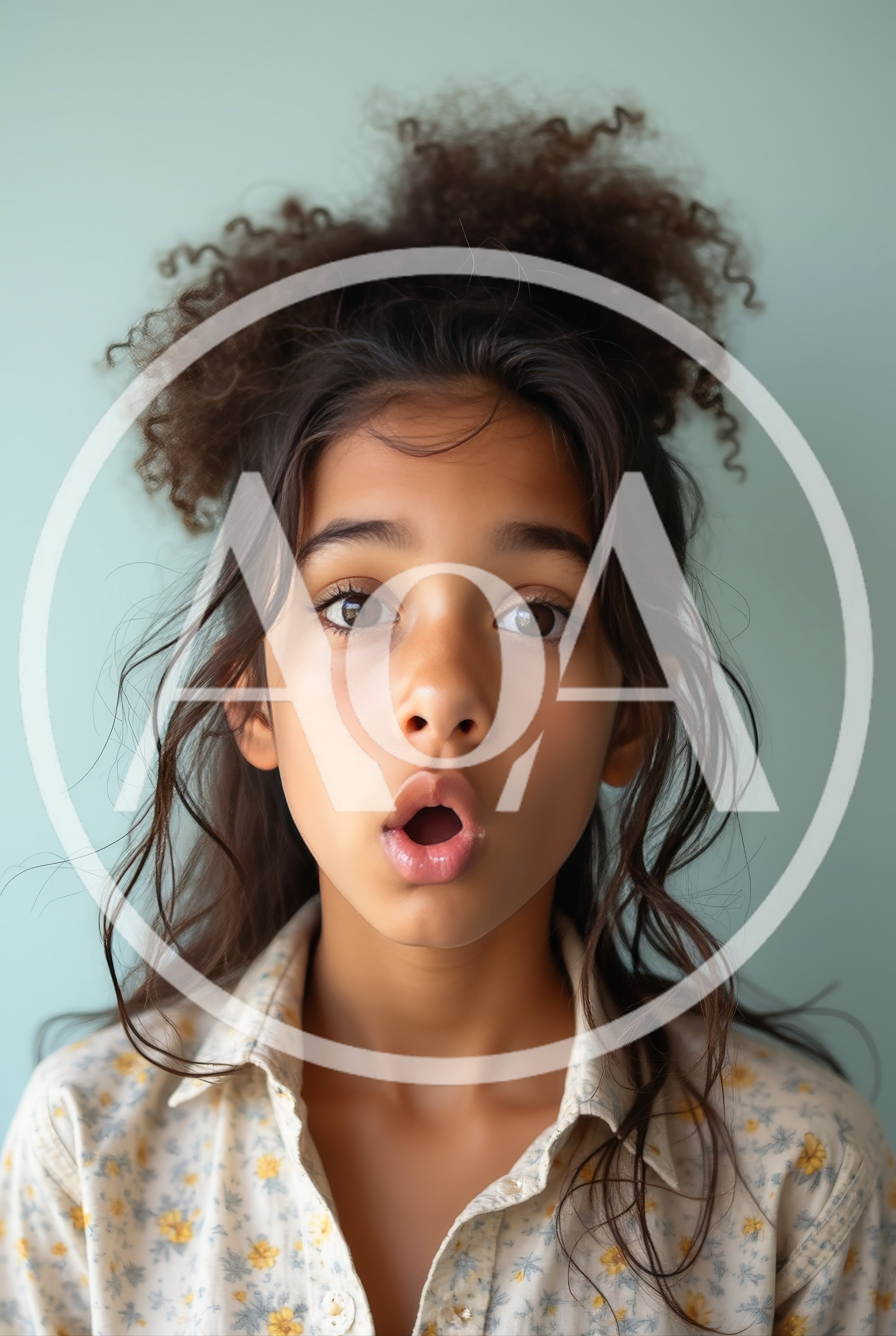 Surprised Young Girl With Curly Hair Looking At Camera