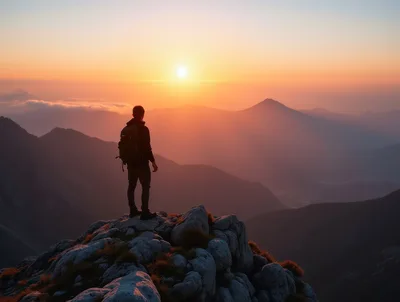 Hiker Standing On Mountain Peak At Sunset