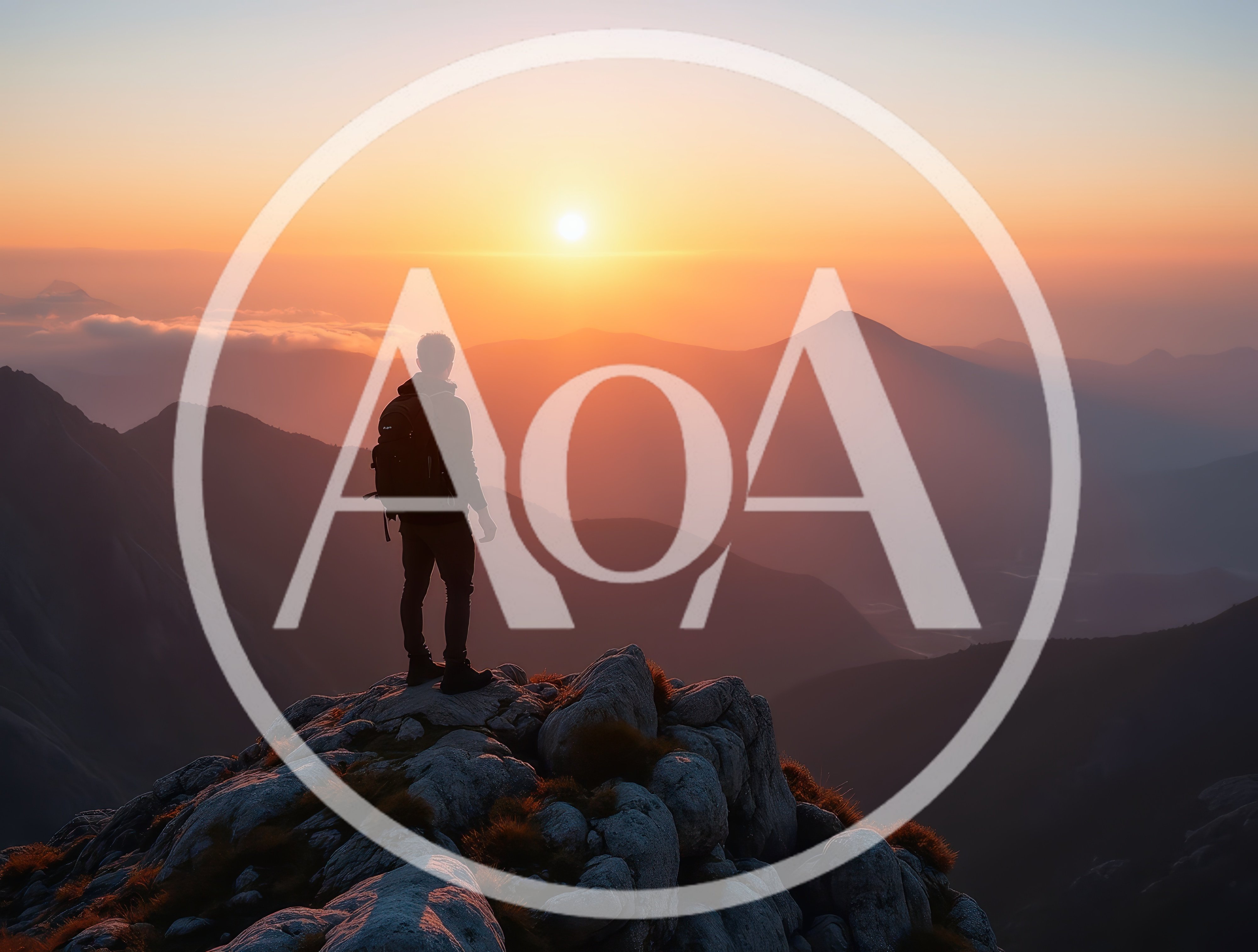Hiker Standing On Mountain Peak At Sunset