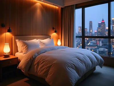 Modern Bedroom Interior With City Skyline View
