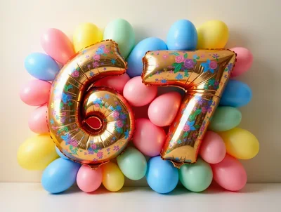 Gold Number 67 Balloons Surrounded by Pastel Balloons