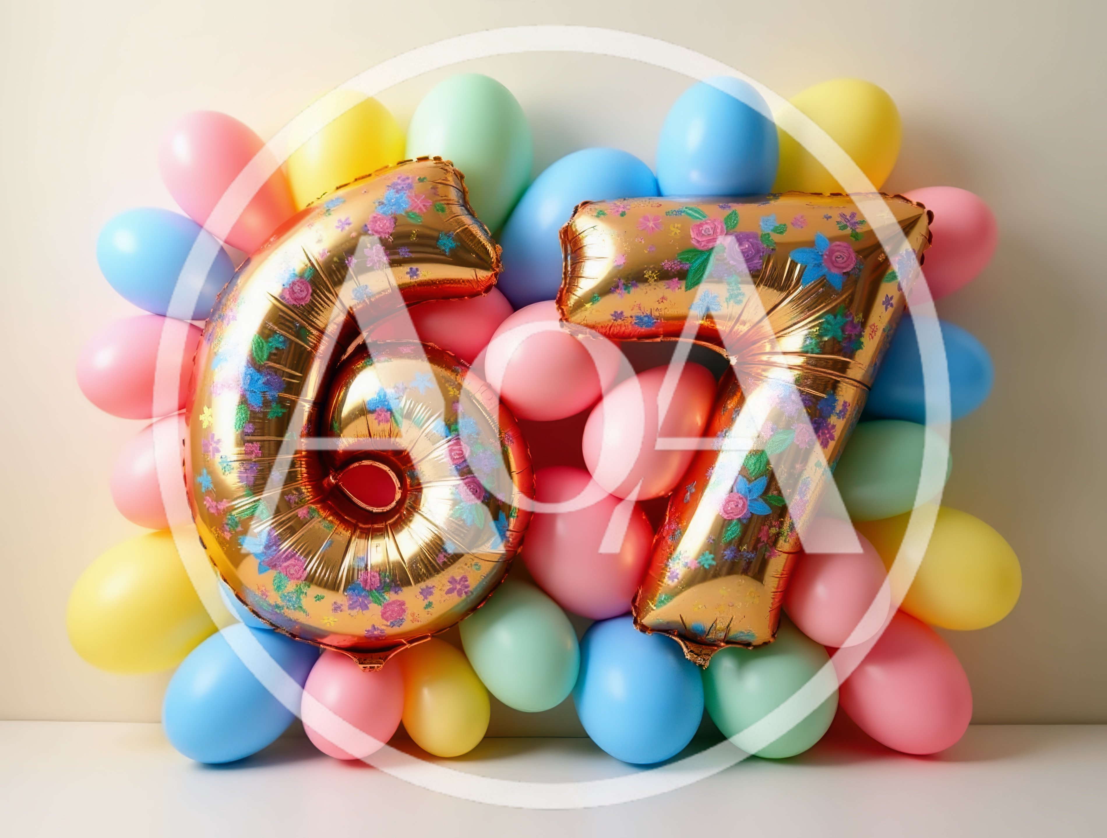 Gold Number 67 Balloons Surrounded by Pastel Balloons