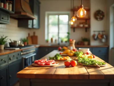 Fresh Vegetables And Sliced Tomatoes On Kitchen Island