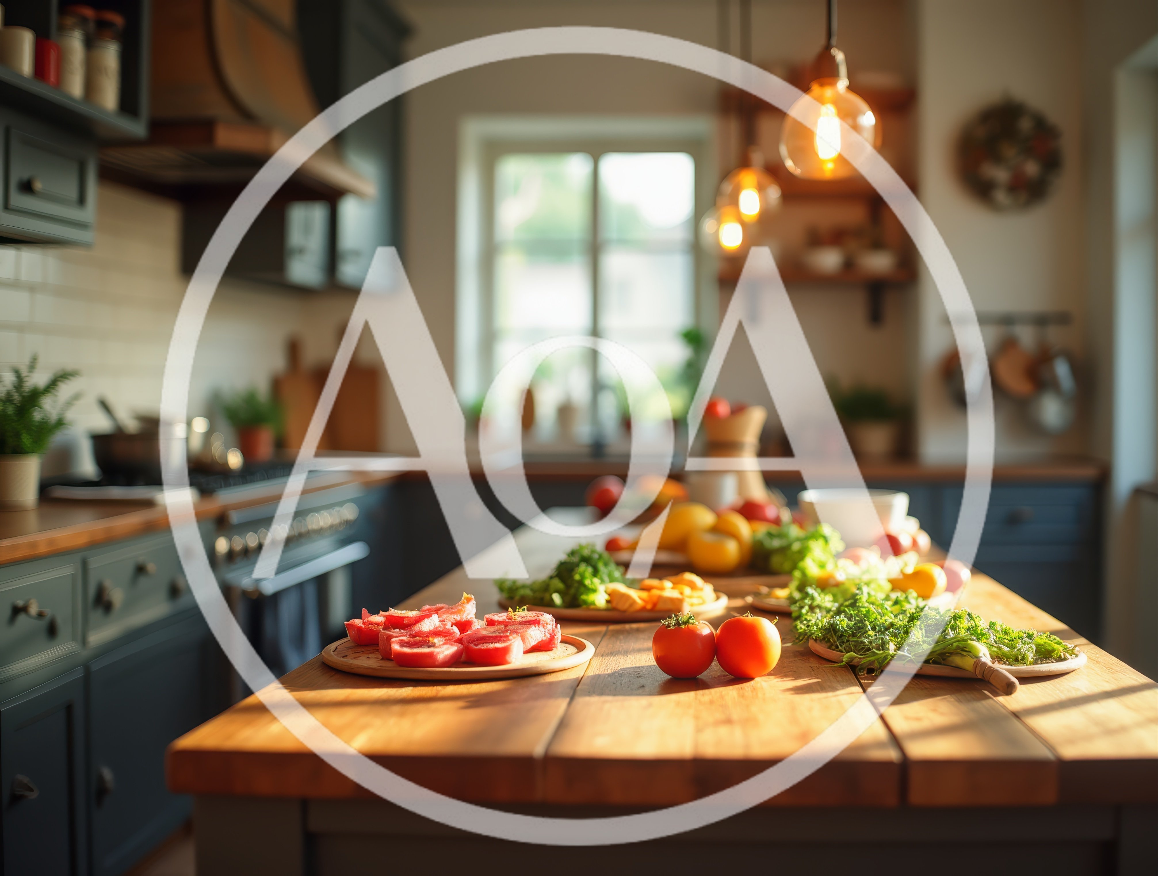 Fresh Vegetables And Sliced Tomatoes On Kitchen Island