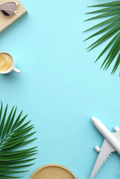 Travel Concept Flat Lay With Airplane And Tropical Leaves