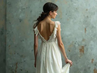 Elegant Bride In Lace Wedding Dress Standing Against Wall