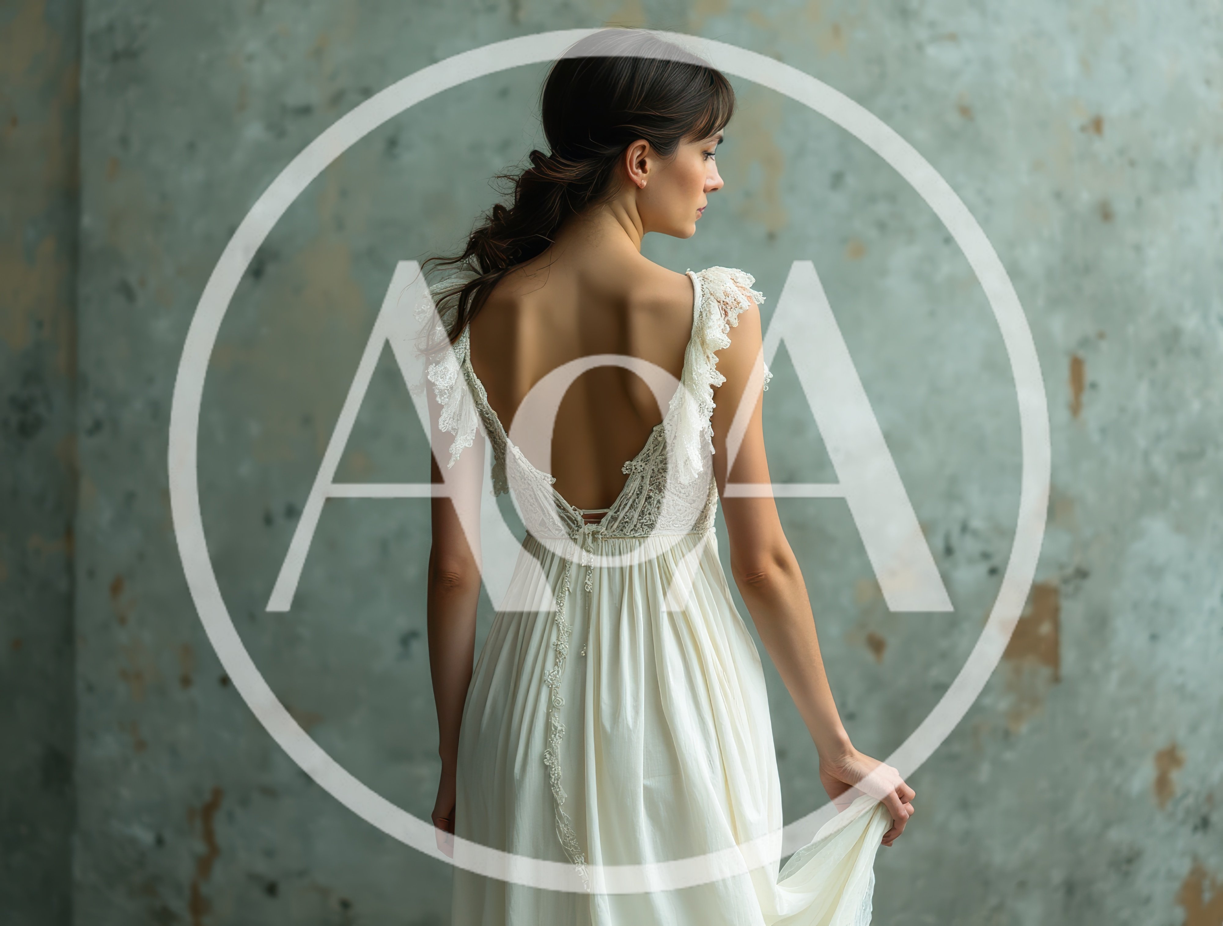 Elegant Bride In Lace Wedding Dress Standing Against Wall