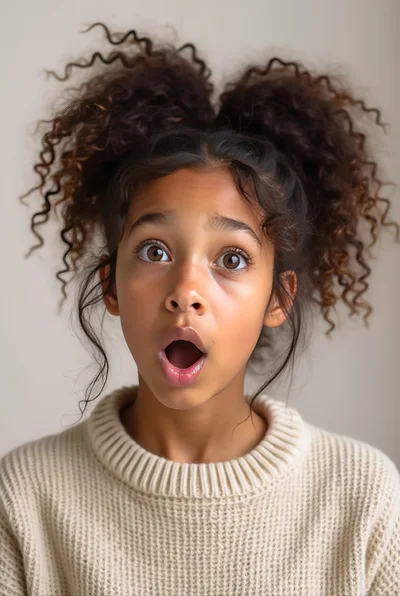 Surprised Young Girl With Curly Hair Looking Up