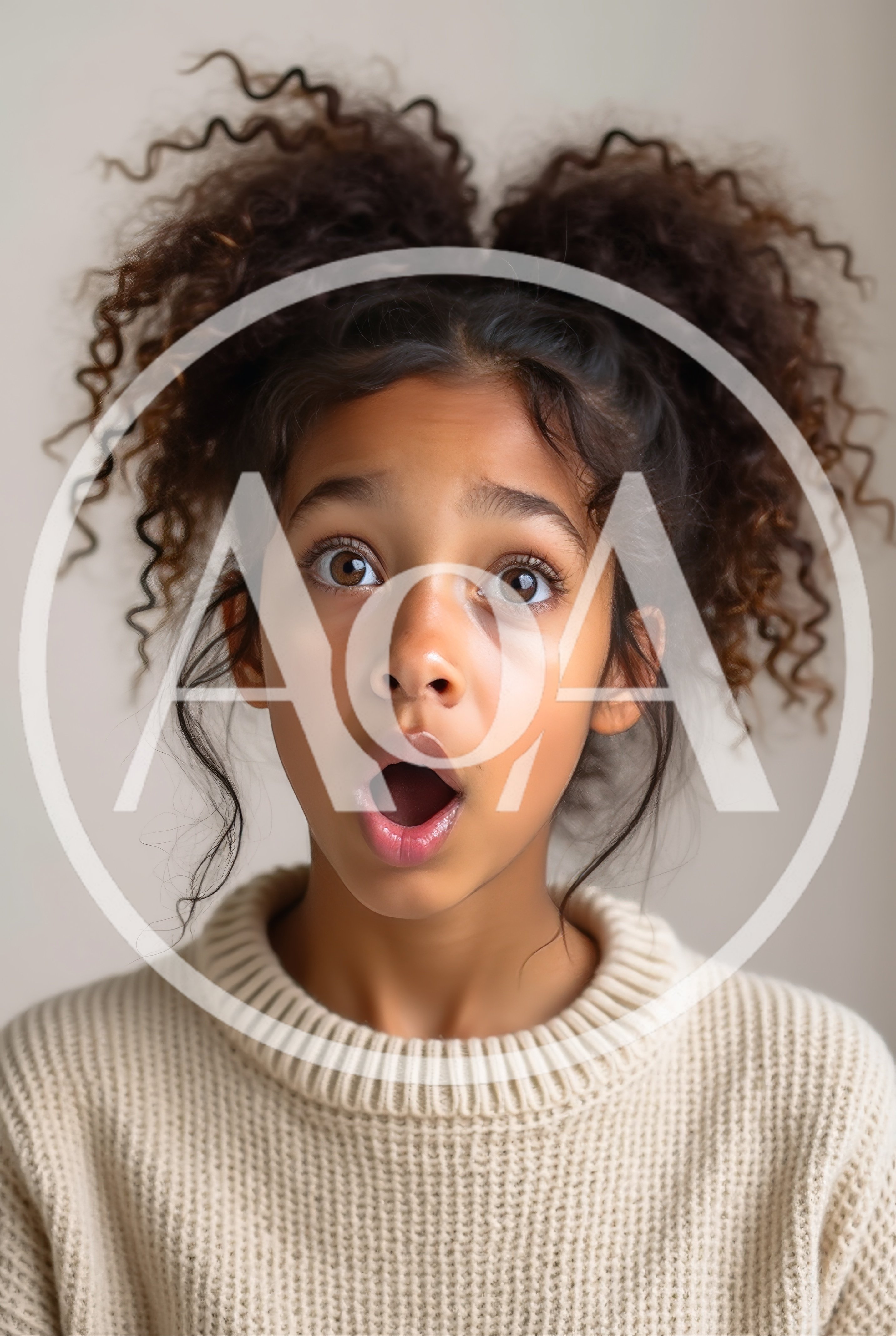 Surprised Young Girl With Curly Hair Looking Up