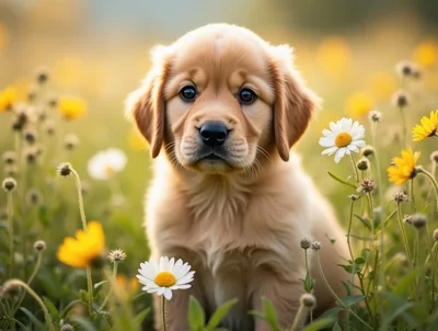 Adorable Golden Retriever Puppy Sitting In A Flower Meadow