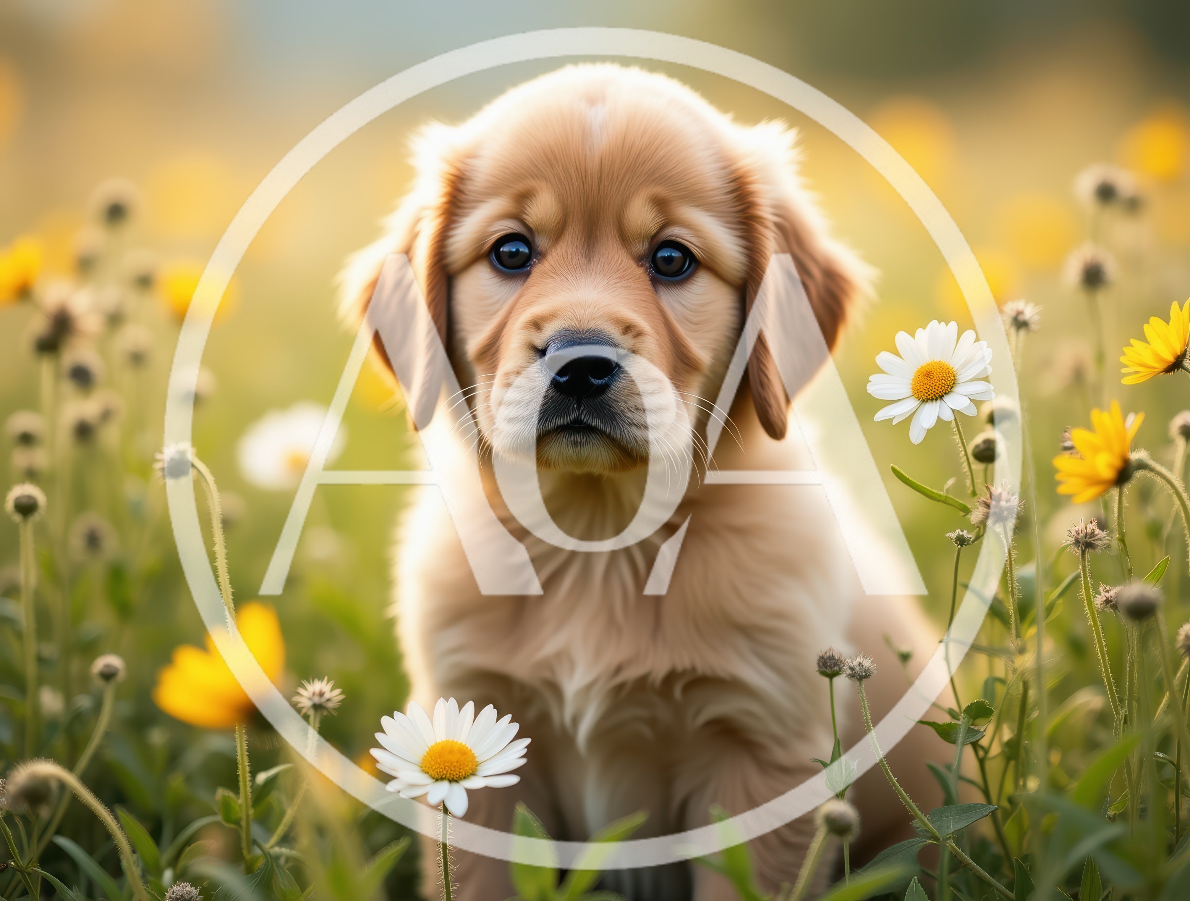 Adorable Golden Retriever Puppy Sitting In A Flower Meadow