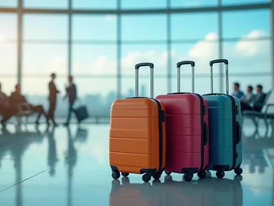 Three Colorful Suitcases Standing in an Airport Terminal