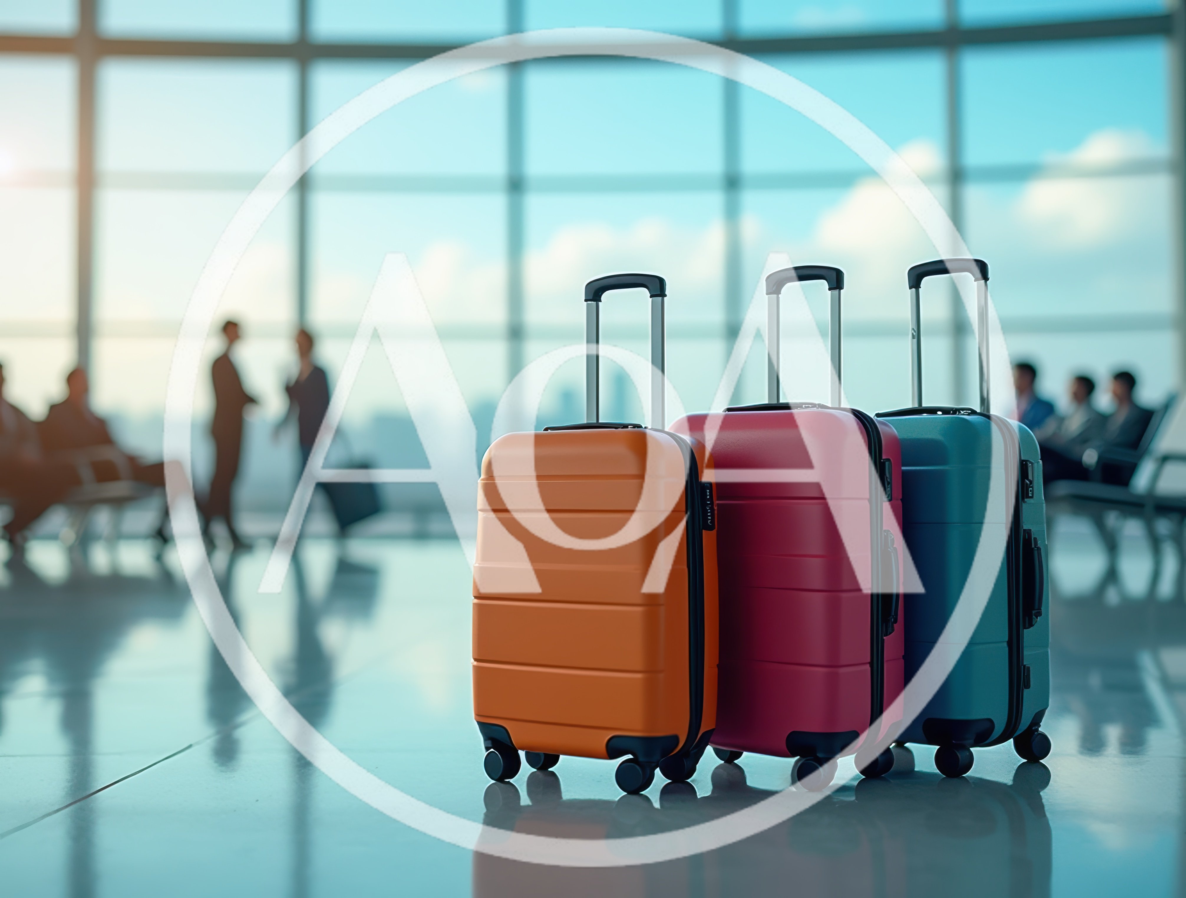 Three Colorful Suitcases Standing in an Airport Terminal