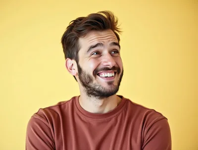 Young Man Smiling And Looking Away Against Yellow Background