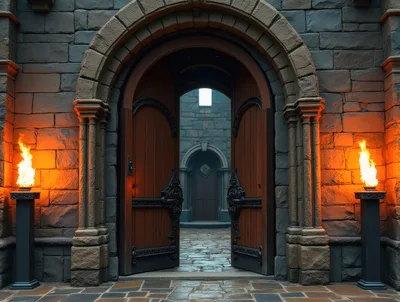 Open Medieval Castle Gate With Flaming Torches