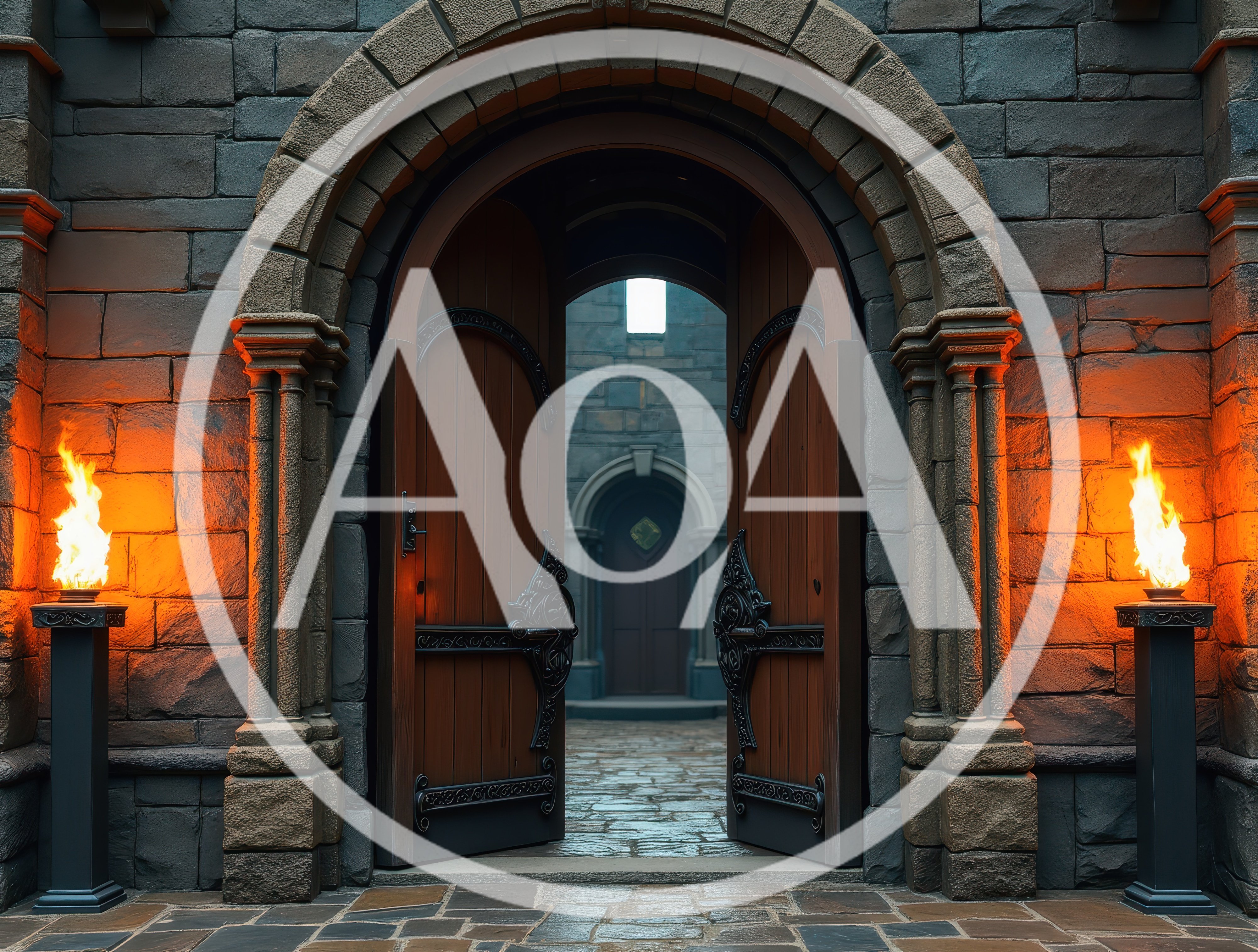 Open Medieval Castle Gate With Flaming Torches