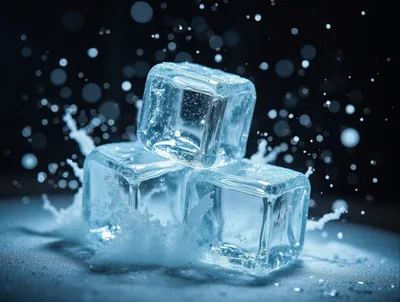 Three Clear Ice Cubes Splashing In Water