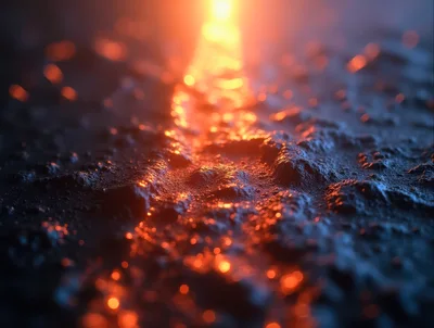 Abstract Glowing Lava Flow on Dark Volcanic Terrain