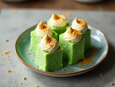 Green Pandan Sponge Cake Squares With Cream Topping