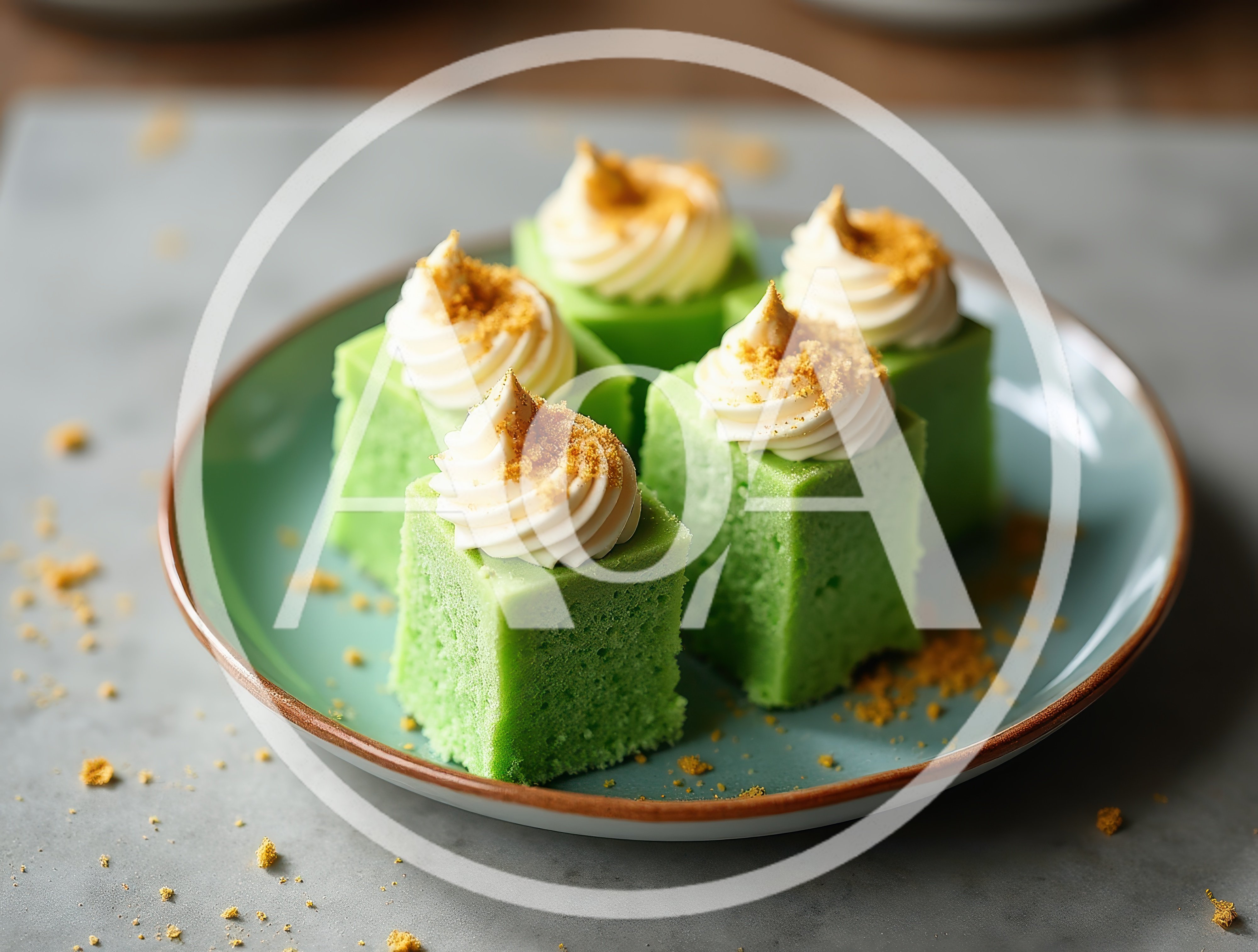Green Pandan Sponge Cake Squares With Cream Topping