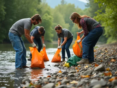 Volunteers Cleaning Trash Along A Riverbank