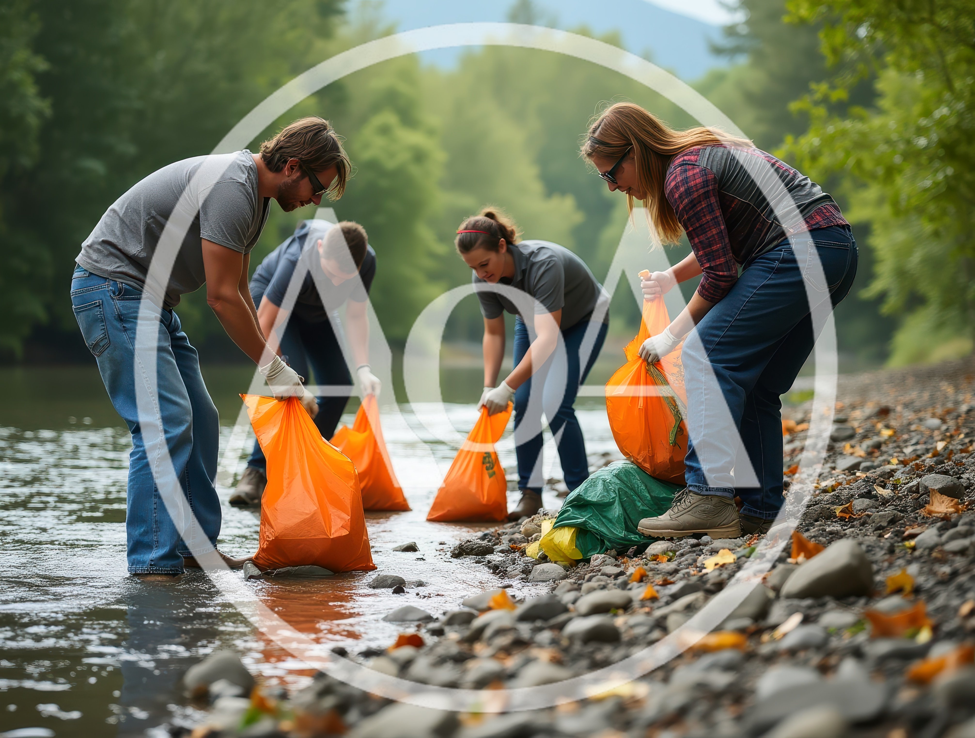 Volunteers Cleaning Trash Along A Riverbank