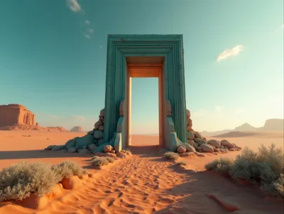 Ancient Stone Portal Standing In A Vast Desert Landscape