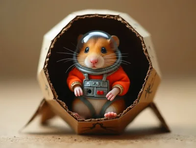 Hamster Astronaut Sitting Inside A Cardboard Rocket Ship