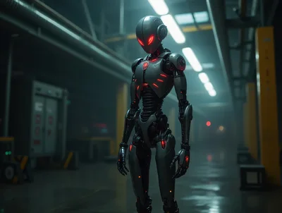 Futuristic Android Standing In A Dark Industrial Warehouse