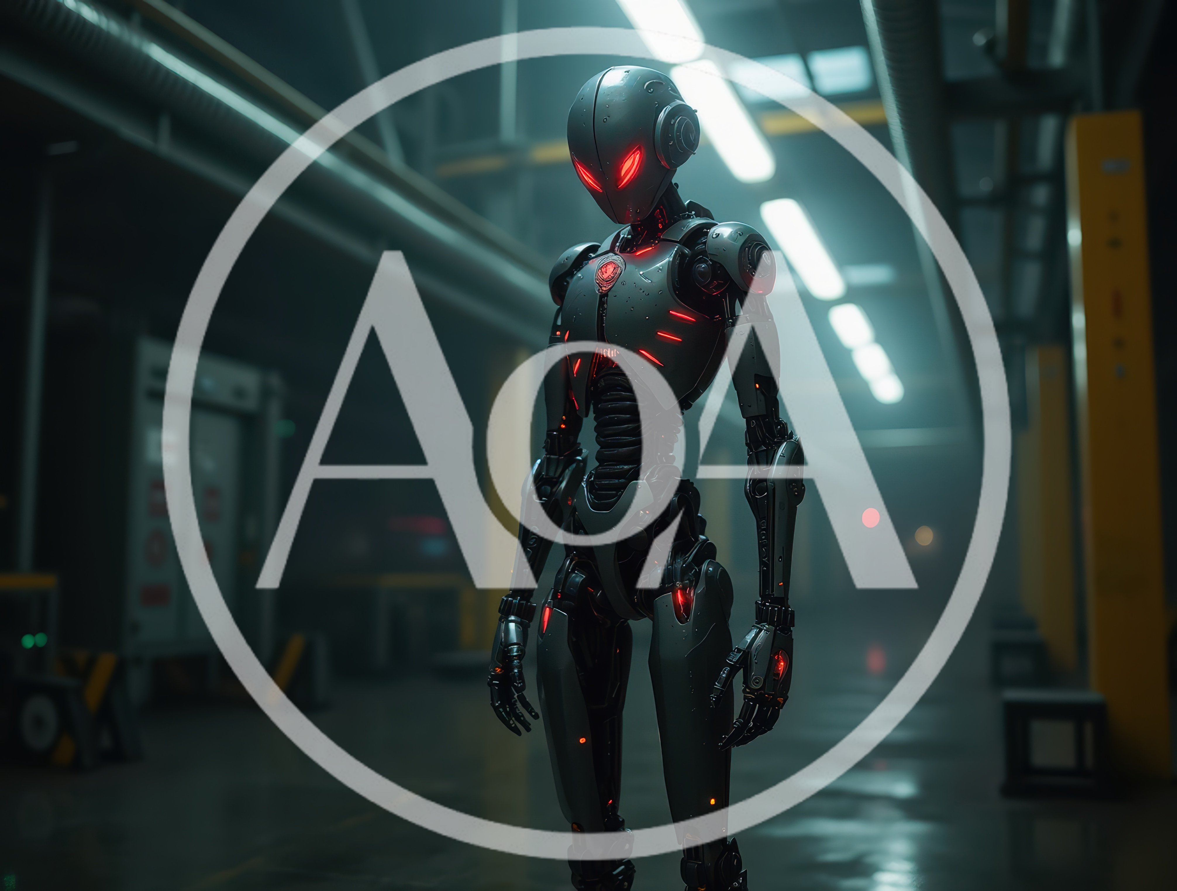 Futuristic Android Standing In A Dark Industrial Warehouse