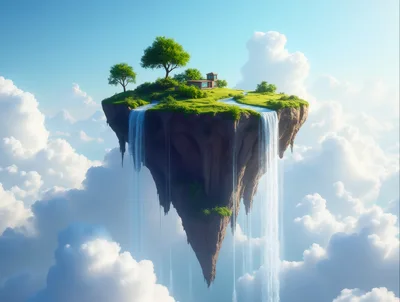 Floating Island With House And Waterfalls In The Sky