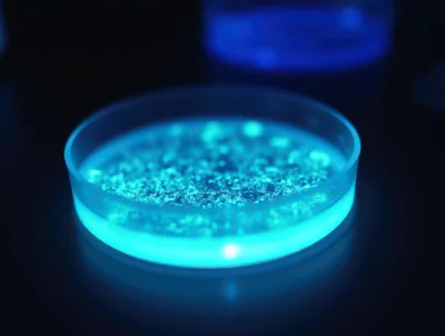 Glowing Fluorescent Liquid in a Laboratory Petri Dish