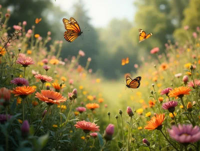 Monarch Butterflies Flying Over A Vibrant Wildflower Meadow