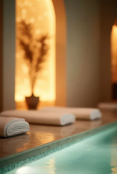 Folded White Towels Beside A Luxury Indoor Spa Pool
