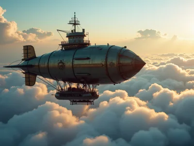 Steampunk Airship Flying Above Clouds At Sunset