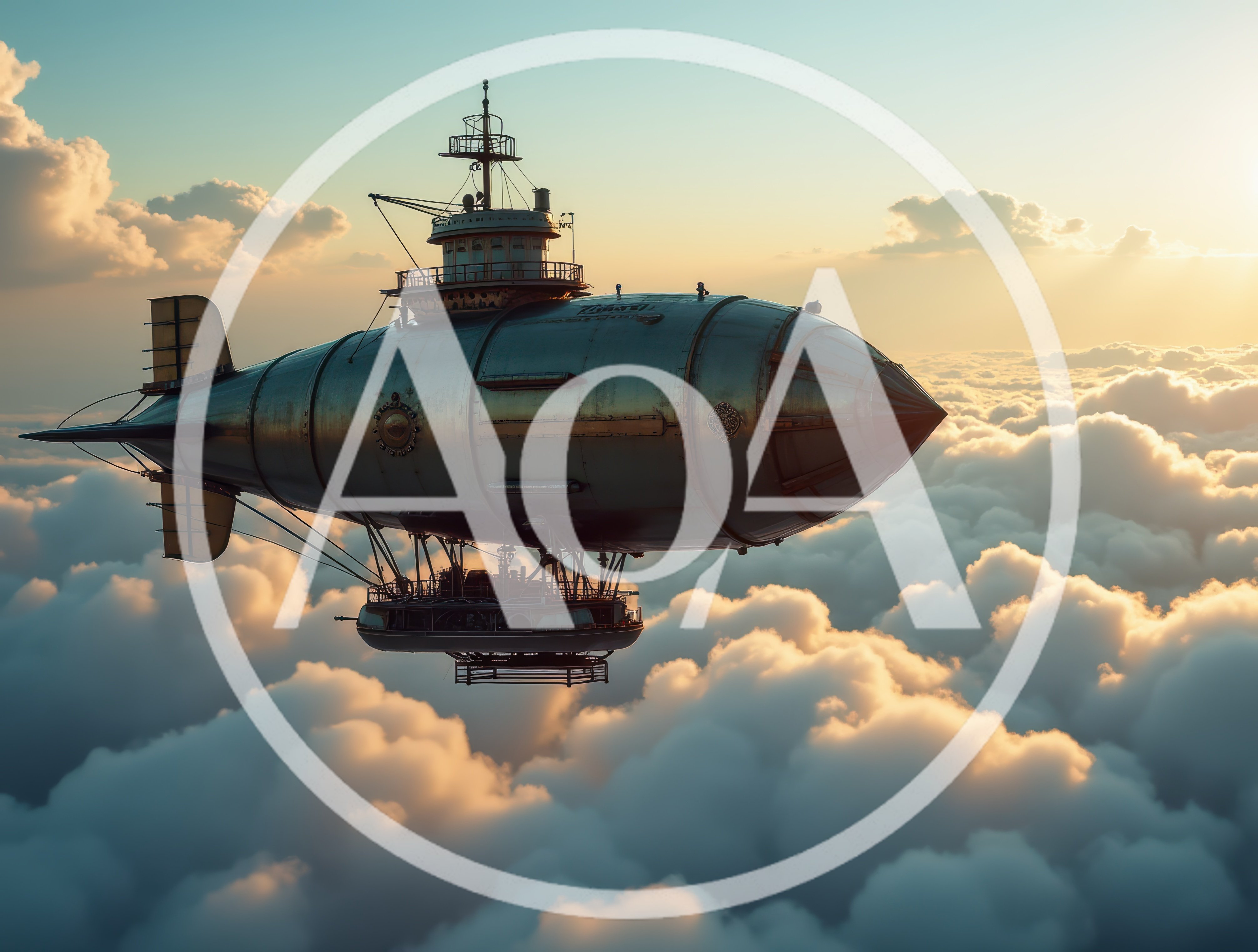 Steampunk Airship Flying Above Clouds At Sunset