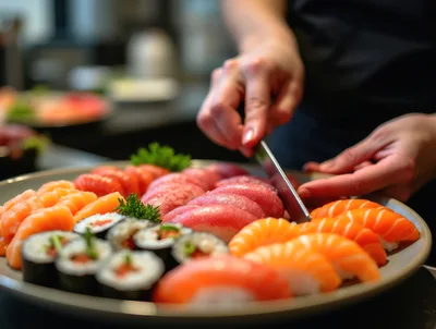 Professional Sushi Chef Preparing Fresh Nigiri Platter