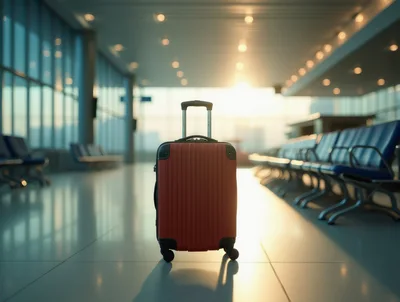 Red Rolling Suitcase Standing In Empty Airport Terminal