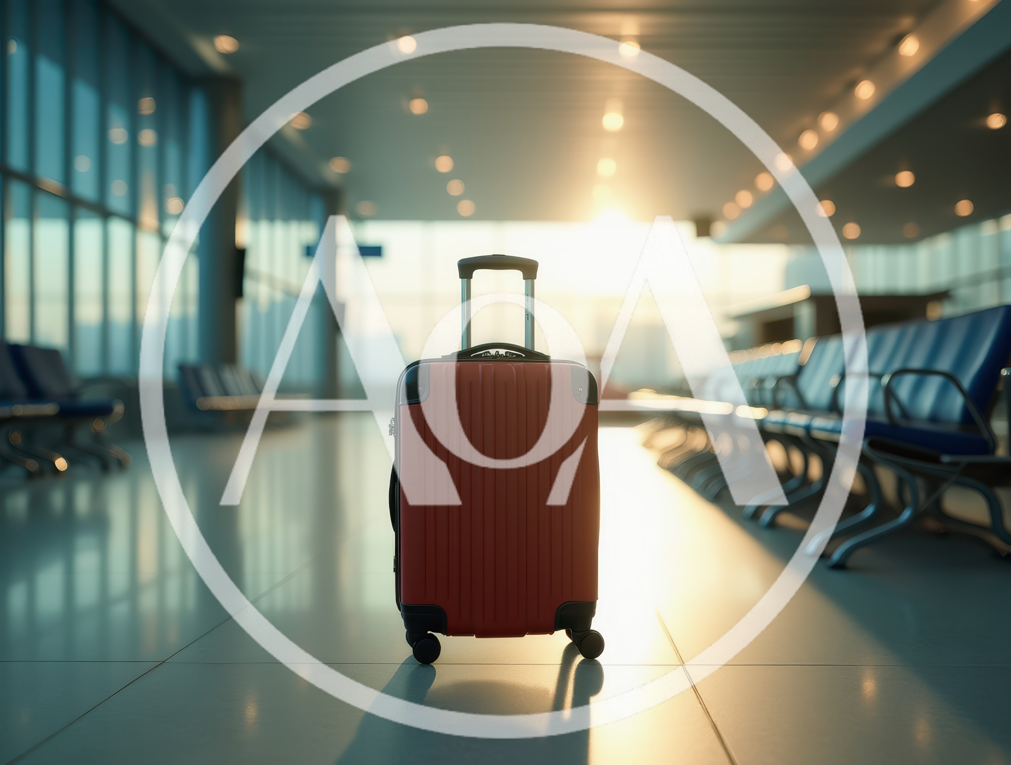 Red Rolling Suitcase Standing In Empty Airport Terminal